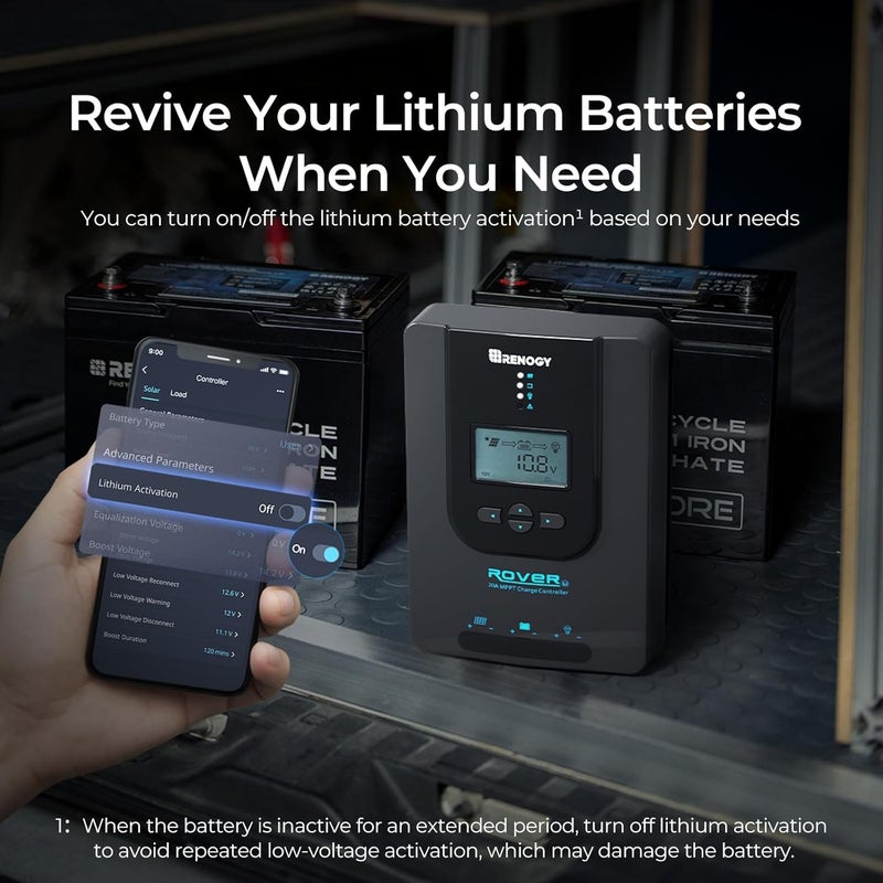 Renogy وحدة تحكم شحن Rover 12V/24V 20A مع MPPT - وحدة تحكم شمسية بمدخل DC للسيارات/البحرية، شاشة LCD قابلة للتعديل تلقائيًا، منظم لوحات شمسية مناسب لبطاريات الجل المغلقة والمغمورة والليثيوم - Image 5